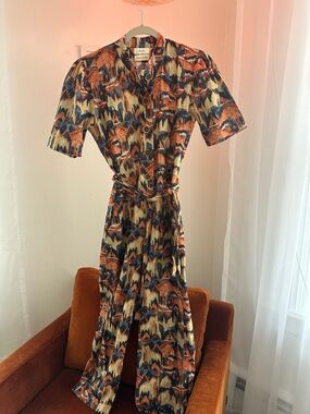 Chalou Rust & Navy Printed Midi Shirt Dress with Tie Waist